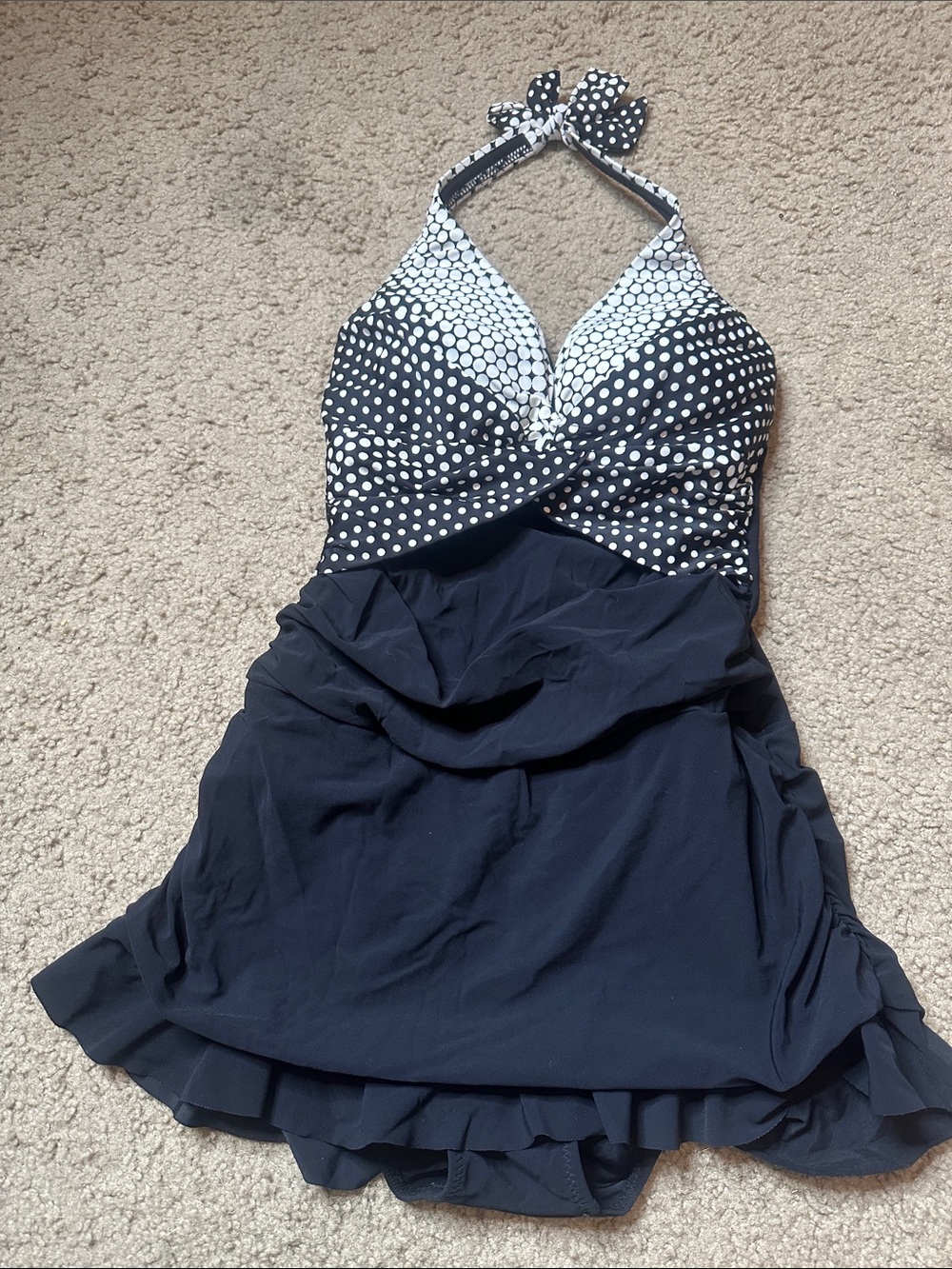 GOTTEX Profile style BLACK White Polka Dot Halter Swim Dress Skirted Bottom Sz 8